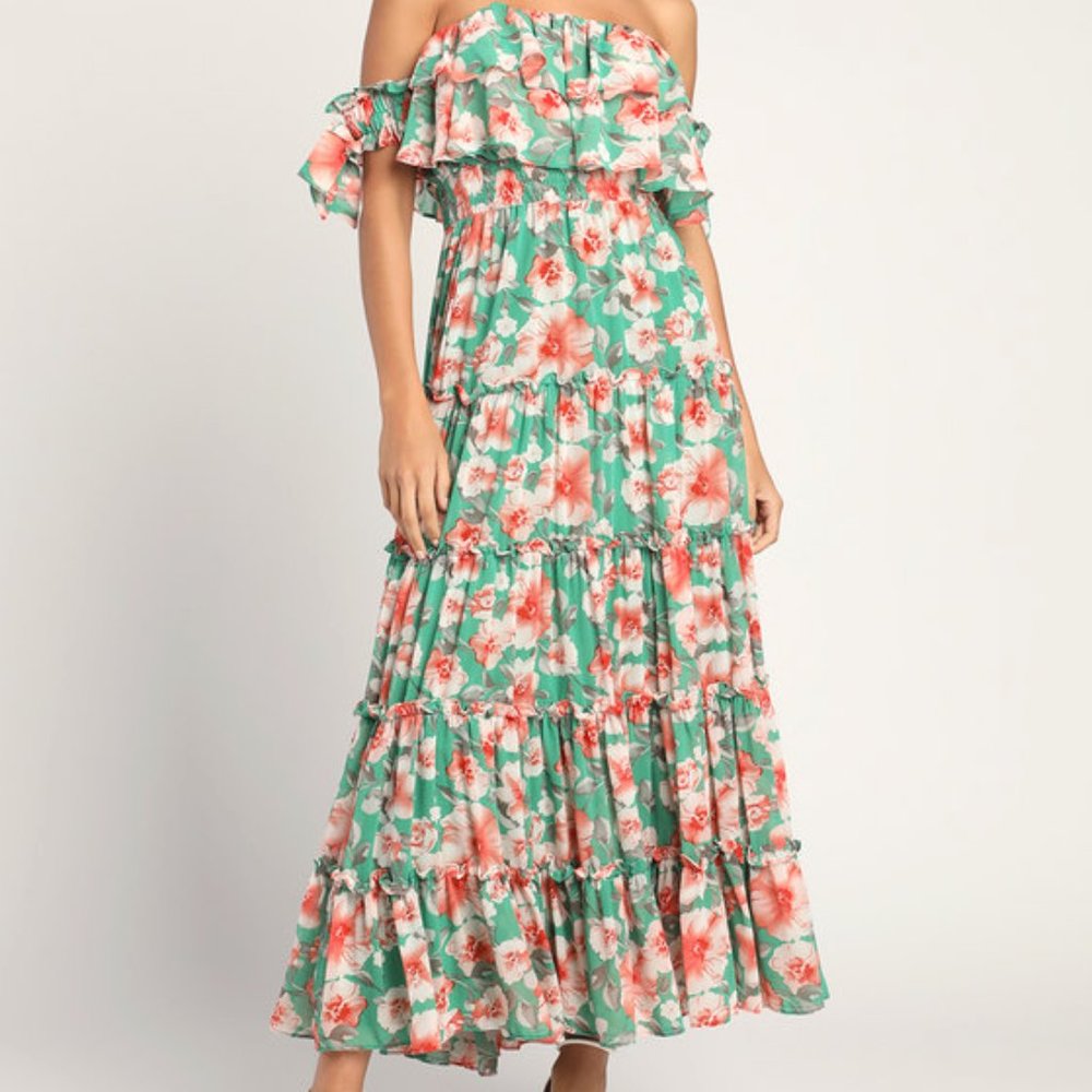 Chance For Us Green Floral Off-the-Shoulder Ruffled Maxi Dress